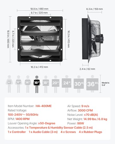 VEVOR 16 inch Exhaust Fan, Wall Mounted Attic Fan with Variable Speed, Temperature & Humidity Controller, 3000 CFM, Automatic Shutter | 3000 CFM Wall Mounted Attic Fan Automatic Shutter, EC Motor & Timer, Ventilation Cooling for Garage, Greenhouse, Shed,