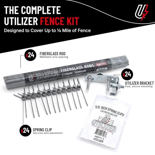 Utilizer Electric Fence Extension Stand-Off Kit – 1/8 Mile T-Post Bundle | Includes Fence Post Brackets, 3/8x15” Rigid Electric Fence Posts & T Post Clips – Zero-Sag Electric Fence Kit - size: 15"Rods - 1/8 Mile