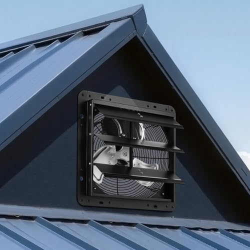 VEVOR 12 inch Shutter Exhaust Fan Wall-Mount Variable Speed Temperature, Automatic Louvers Sturdy Steel Housing, Low Noise, Ventilation and Cooling for Attic, Garage, Barn, Greenhouse, Workshop - size: 12 Inch