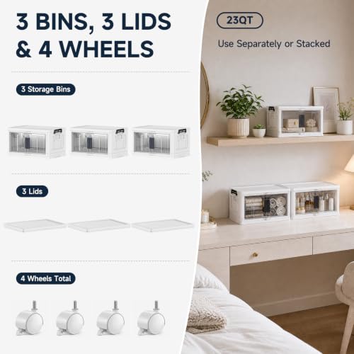 OlarHike 23QT Storage Bins with Lids for Closet, Office, Dorm, 3 Pack | Multi-Lid, Lockable Cabinet, Doors & Wheels, School, Bathroom, Foldable Containers, Stackable Organizers, Plastic Drawers - size: 23QT-White