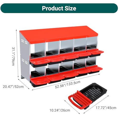 Garvee Chicken Nesting Boxes, 10 Hole Metal Chicken Laying Box with Removable Trays and Roll Out Egg Collection for Chicken Coop, Red - color: red, size: 10 Holes