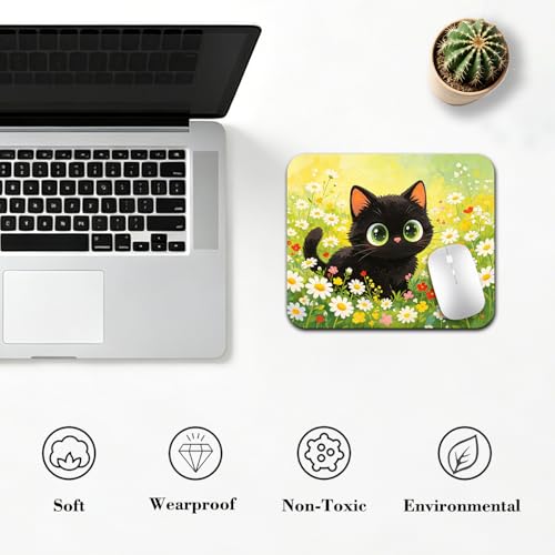 Lovely Black Kitten in Daisy Meadow Mouse Pad 9.5" x 7.9", Whimsical Spring Floral Cute Desk Mat - color: Black Kitten