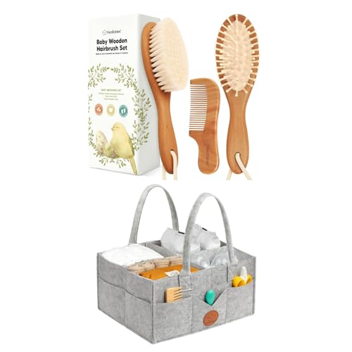 Keababies Baby Hair Brush and Baby Diaper Caddy Organizer - Brush with Soft Goat Bristles - Large Nursery Organizer, Cradle Cap Brush, Car Storage Organizer