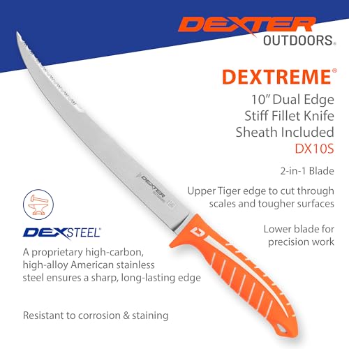 Dexter Outdoors Dextreme Dual Edge 10" Stiff Fillet Knife with Sheath | Stiff dual edge high-carbon stainless blade for large fish and heavy cuts. Protective sheath included for safe transport. - style: 10" Dual Edge Stiff