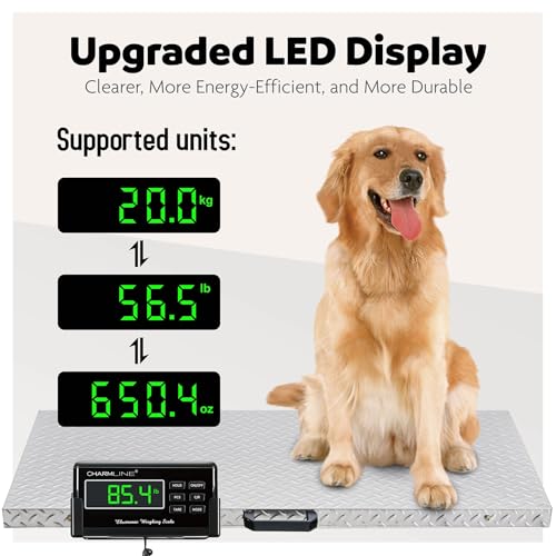Charmline 1100lbs x 0.2lbs High Accuracy Digital Postal Scale with 41x21 in Large Stainless Steel Platform, Heavy Duty Scale for Dog, Pig, Goat Sheep, Battery & AC Adapter Powered, Slip-Resistant - size: 41x21 in