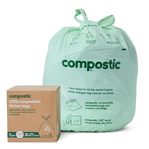 Compostic Compostable 13 Gallon Trash Bags, 100 Ct, Extra Strong | Fits 13 Gallon Bins, Extra Strong & Tear-Resistant, Home Compostable, Unscented, BPA & GMO Free - size: 100 Count (Pack of 1), style: Tall 13 Gallon