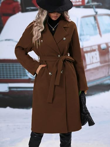 utcoco Womens Long Wool Pea Coat Notched Lapel Double Breasted Trench Coat Winter Warm Overcoat with Belt - color: Brown, size: Large