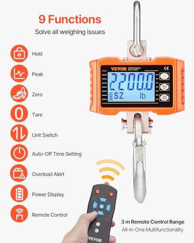 VEVOR Digital Crane Scale, 2200 lbs/1000 kg, Industrial Heavy Duty Hanging Scale with Remote Control, Cast Aluminum Case & LCD Screen, High Precision for Construction, Factory, Farm, Hunting (Orange) - style: 2200BLS