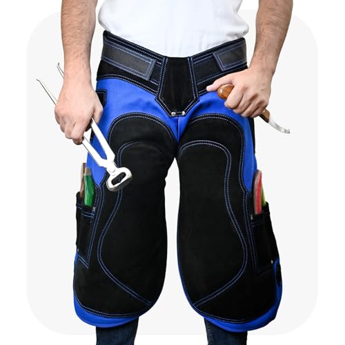 – Farrier Apron Cowhide Leather Hoof Trimming Chaps | with Premium Air Mesh Lining, Foam Knee Pads, 4 Knife Pockets & Nail Magnets | Adjustable Waist for Men & Women (Apron Only) - color: Blue - Black, size: 65cm - 25inch