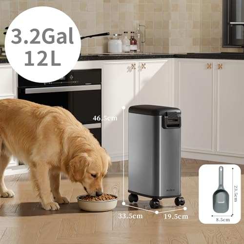 MRBIN Pet Food Storage Bin, Dog Food Bin 12L with Scoop Airtight Pet Food Container Stainless Steel with Wheels, Eclipse Grey