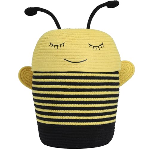 10x15 Inch Bee Basket with Lid, Handcrafted Cotton Rope Animal Storage Bin, Striped Bumble Bee Decor for Kids Bedroom Playroom, Yellow