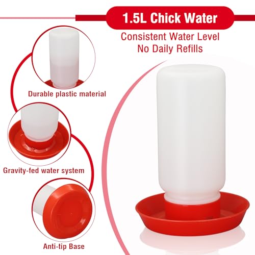 Chick Feeder and Waterer Set No Waste Automatic Chicken Feeder and 1L Waterer for Baby Chicks, Ducks, and Quail – Brooder Starter Kit - color: Red and White