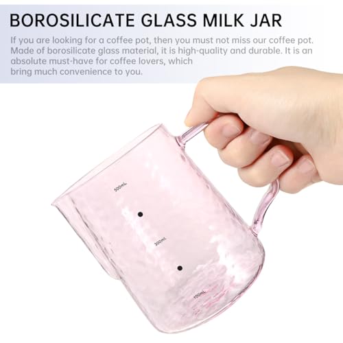 Toyvian Glass Milk Jug with Pink Scale, 500ml Heat-Resistant Borosilicate Coffee Pitcher Graduated Milk Frothing Cup with Spout Portable Glass Coffee Server for Espresso Latte Art Home Brewing
