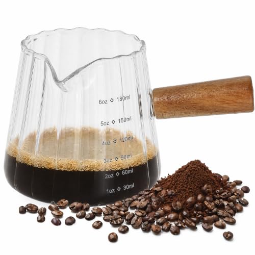 Kichvoe Glass Coffee Pourer 6oz with Wooden Handle, Espresso Measuring Cup | Heat Resistant Borosilicate Glass Milk Frothing Pitcher with Dual Scale, Creamer Cup for Coffee Bar, Latte Art & Baking