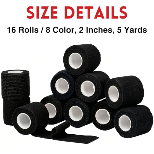 Self Adhesive Bandage Wrap, 2" X 5 Yards Elastic Cohesive Bandage Wrap, Color Athletic Tape, Vet Wrap, Ankle Tape,Non-Woven Cohesive Bandage 16Rolls，Black - color: Black