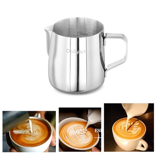 Dailyart Small Milk Frothing Pitcher 6.8oz/200ml Milk Steamer Cup | 304 Stainless Steel Milk Frother Cup with Scale & Special Dripless Spout, Frother Cup Espresso Machine Accessories - size: 6.8 Ounces