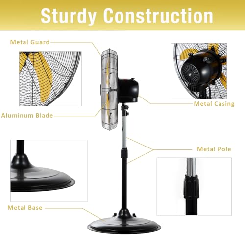 HiCFM 20 inch High Velocity Pedestal Oscillating Fan - UL Safety Listed | 5000 CFM Fan with Powerful 1/5 Motor, 9ft Power Cord, Oscillation, Metal Body with Wheels for Garage, Commercial, Industrial - size: 20 inch