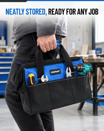 COMOWARE 13-Inch Tool Bag, Zip-top Wide Mouth Open top Tool Bag, Large Capacity Tool Organizer with Inside Pockets, Blue Tool Tote Bag for Carpenter, Mechanic and Home Repair - color: Blue