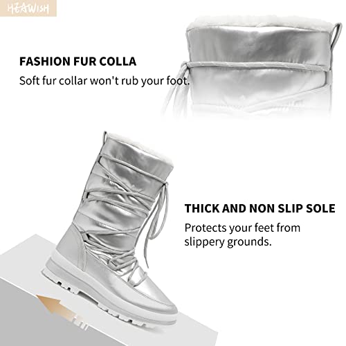 HEAWISH Women’s Winter Snow Boot Fur Lined Mid Calf Warm Boots - color: Silver, size: 8