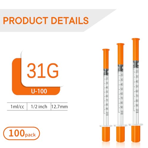 1mL 31G 1/2" (12.7mm) jeringas con agujas para inyectar, Empaque Individual | Individually Wrapped, 100 Pack - size: 1ml-31G 1/2", style: 100 Pack