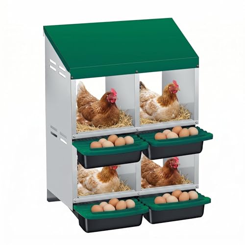 2-Tier Chicken Nesting Boxes, 4 Compartment Metal Stainless Steel Chicken Laying Boxes with Removable Roll-Away Trays, Vented Holes & 2-in-1 Perch for Chickens Ducks Birds Green - color: Green, size: 20.9"L x 13.5"W x 30.9"H