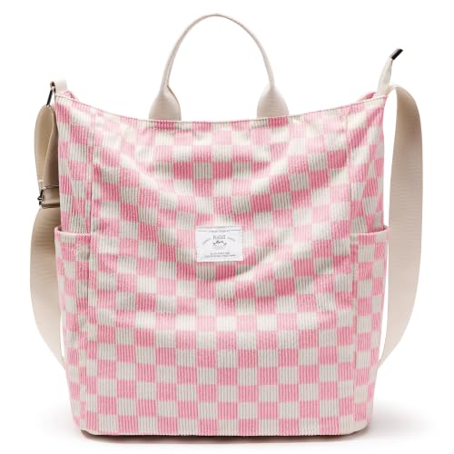 KALIDI Corduroy Tote Bag, Large Slouchy Hobo Messenger Crossbody Bag | Anti Splash Zipper Side Pockets Shoulder Bag Adjustable Strap Lightweight Casual Work Shopping Women - color: Pink Checkered