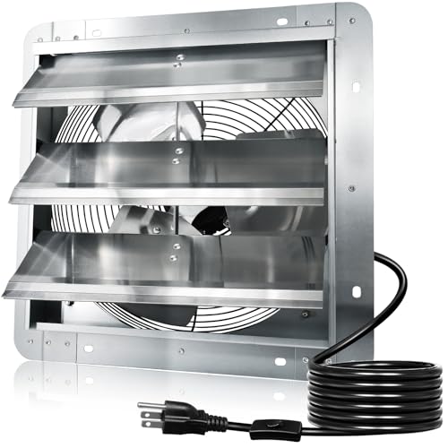 Hiorucet 12 Inch Wall Mounted Shutter Exhaust Fan with 1.8m Power Cord, 1030CFM High Speed Low Noise Aluminum Louvered Exhaust Fan for Greenhouse, Garage, Shop, Attics, Chicken Coop Ventilation Fan. - size: 12'' Exhaust Fan