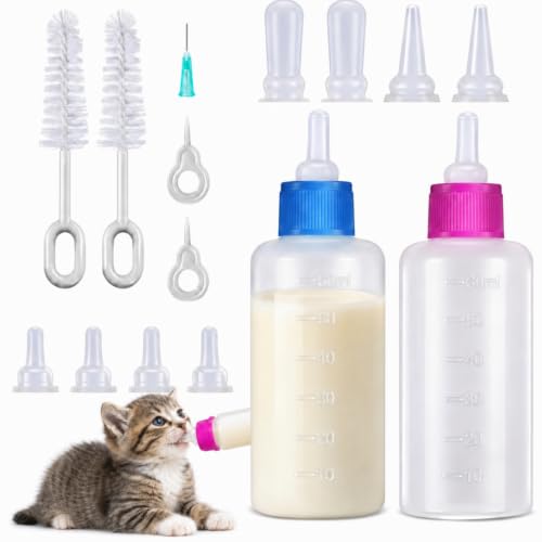 Tondiamo 17 Pcs Kitten Bottle Feeding Kit Puppy Bottles for Nursing Puppy Milk with Nipples Cleaning Brushes Bottle Opening Needles Hand Feeding Supplies for Newborn Small Pet Rabbits Ferrets - color: Blue, Pink