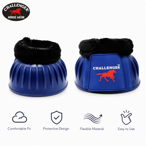 CHALLENGER Horse Training Ribbed Rubber Hoof Impact Overreach Protection Fleece Lined Bell Boots 41HI01 - color: Navy, size: Medium