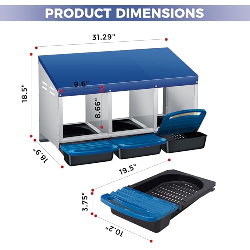 3 Hole Chicken Nesting Box - Heavy Duty Metal Chicken Laying Box, Easy Egg Collection & Cleaning with Removable Tray for Poultry Coop, Backyard, Farm - color: blue, size: 3 holes