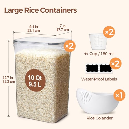 ComSaf Airtight Rice Storage Container with Lid 10Qt 2Pack, Large Capacity | 9.5L Plastic Food Canister, Rice Sugar Flour Cereal Oats Pasta, Pantry Kitchen Cabinet, Label, Scoop, Rice Washer, BPA-free - size: 10Qt-Rectangle