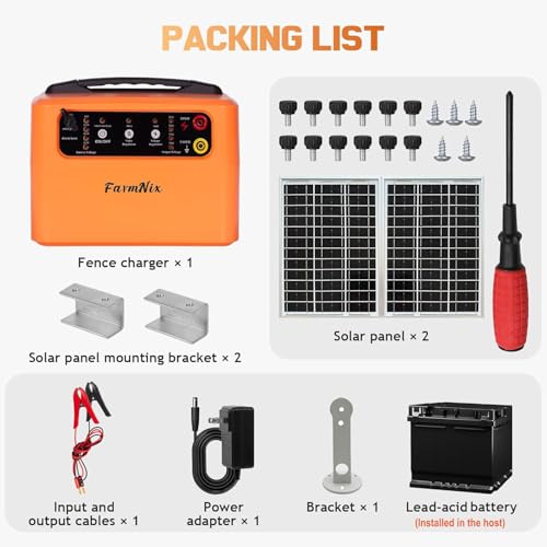 30 Miles Solar Electric Fence Charger, 0.3-1.5J for Livestock Farm | 6-12KV Adjustable Pulse Output,Portable Rechargeable 15W Solar Panel,Solar/AC Power, Waterproof 24/7 Uninterrupted Protection - color: Orange