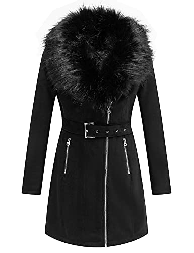 Bellivera Women's Faux Suede Leather Fleece Lined Trench Coat | Mid-length Winter Trendy Jacket Belted Sim Fit Outerwear with Detachable Faux Fur Collar - color: Black Coat, size: XX-Large