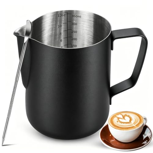 Frothing Milk Pitcher, 12 oz/350 ml Stainless Steel Frothing Milk Jug with Latte Art Pen,with Internal Measurements, for Cappuccino, Espresso and More - color: Black