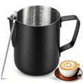 Frothing Milk Pitcher, 12 oz/350 ml Stainless Steel Frothing Milk Jug with Latte Art Pen,with Internal Measurements, for Cappuccino, Espresso and More - color: Black