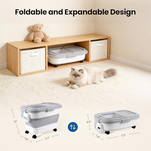 Dog Food Storage Container 20-25lbs, Airtight Pet Food Bin with Locking Lid & Clear Window, Collapsible Rolling Storage Container with Wheels and Scoop, Gray - color: Gray-M