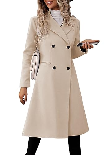 Danedvi Womens Long Double Breasted Coats Lapel Collar Pea Coat Winter Slim Fit Jackets Trench Coat Outwear - color: Beige, size: XX-Large