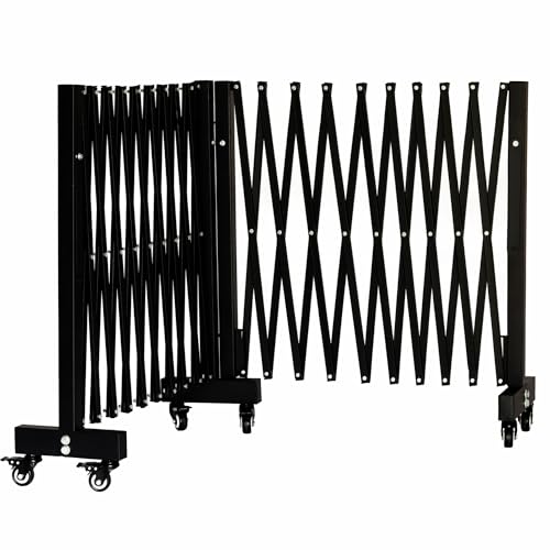 23FT Industrial Expandable Barricade Folding Security Gate with Wheels,Retractable Driveway Gate with Aluminum Fence Black - color: Black, size: 23 feet