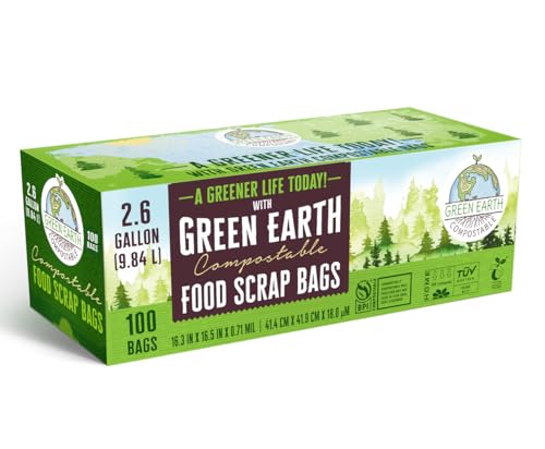 Green Earth Compostable Small Kitchen Food Scrap Trash Bags, Extra Thick 0.71 Mil, Compost Bin Compatible, 2.6 Gallon, 10 Liter, 100-Count, ASTM D6400, BPI (US) & OK Compost Home (EU) Certified - size: 100 Count (Pack of 1), style: 2.6 Gallon