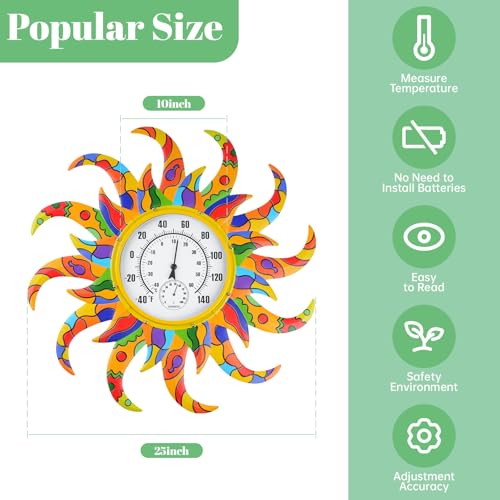 Colorful Sun Outdoor Thermometer & Hygrometer Combo, 25 Inch Indoor Outdoor Wall-Mounted Thermometer Large Numbers, Decorative Indoor Outside Thermometer for Patio, Garden, Living Room,Wine Cellar