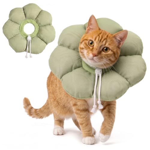 Avont Soft Cat Cone L Sagegreen Post-Surgery Anti-Lick Adjustable | Sagegreen L, Neck 9.8-13.8", Anti-Lick, Breathable, Lightweight, Soft Cotton, Adjustable Drawstring - color: Sagegreen, size: L (9.8" – 13.8")