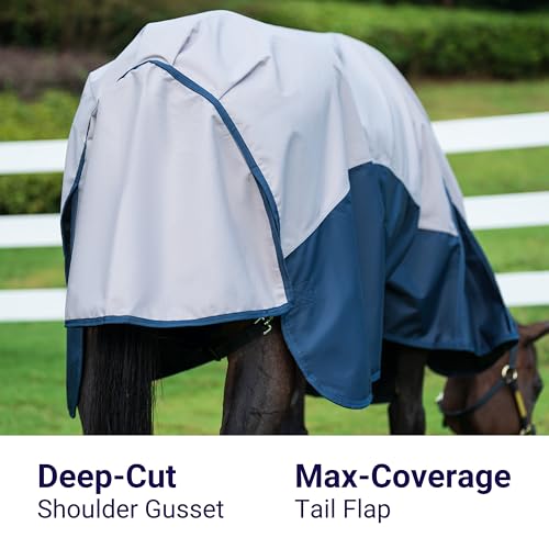 Horse Turnout Rain Sheet | 600 Denier Ripstop Turnout Blanket No Fill (0g) | Waterproof Lightweight Breathable | Tear-Resistant Outer & Rub-Free Silky Inner | Grey/Navy - 74 in - color: Grey/Navy, size: 74