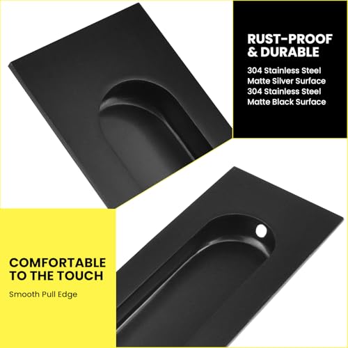 4.75 Inch Sliding Closet Door Handles, 2 Pack | Stainless Steel Recessed Finger Flush Pulls, Rectangular Matte Black Pocket Door Handles for Closet Doors Sliding Barn Doors - size: 4.75"×1.57" (L×W)