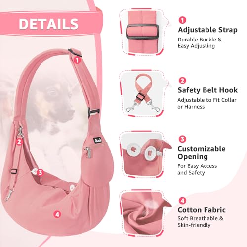 SlowTon Dog Carrier Sling - Thick Padded Shoulder Strap Adjustable, Peach S | Dog Carriers for Small Dogs, Puppy Carrier Purse for Pet Cat with Front Zipper Pocket Safety Belt Machine Washable - color: I-Peach Cotton Fabric