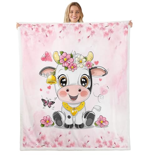Kawaii Cow Kids Throw Blanket,Japanese Ukiyo-e Cherry Blossom Bed Blanket for Girls Women,Cartoon Cattle Farm Animal Rustic Fleece Blanket,Pink Fuzzy Blanket,Queen Size (90 x 90 Inches) - color: Black White Pink, size: Queen