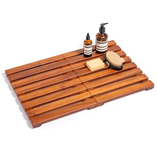 24x16 Teak Shower Mat, Non-Slip Solid Wood Bath Duckboard | Fast-Drying Spa-Style Wooden Slat, Heavy Duty Floor Panel for Bathroom, Indoor & Outdoor Use - size: 24" x 16" (Rectangular)