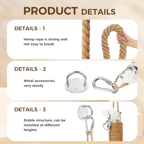 Weysat 2'' x 8.9 ft Cat Climbing Rope with Hook, Natural Jute Rope for Ceiling and Wall Mounted, Space Saving Kitten Scratching Post Toy for Indoor Outdoor - size: 2'' x 8.9 ft