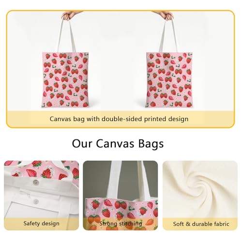 Aesthetic Canvas Tote Bag for Women - with Magnetic Snap Closure & Zipper Inner Pocket Reusable Totes Bag - color: Strawberry3