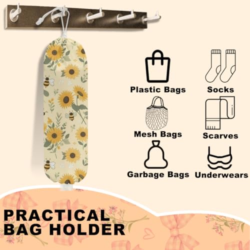 2Pcs Cute Bee Plastic Bag Holder, Wall Mount Grocery Bag Holder | Vintage Rustic Sunflower Reusable Grocery Bags Storage Dispenser for Home Kitchen Pantry, Sunflower Gifts for Women - color: Sunflower 02