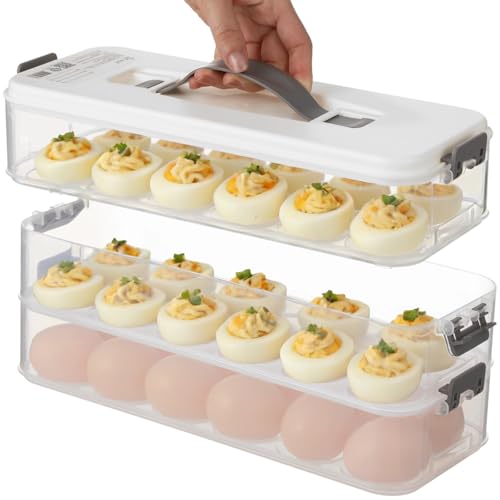 Homaisson Deviled Egg Container with Lid, 3-layer Egg Carrier Trays with 36 Slots, Clear Stackable Storage Container with Handle for Refrigerator, Pantry, Travel, 12.2x4.8x6.7